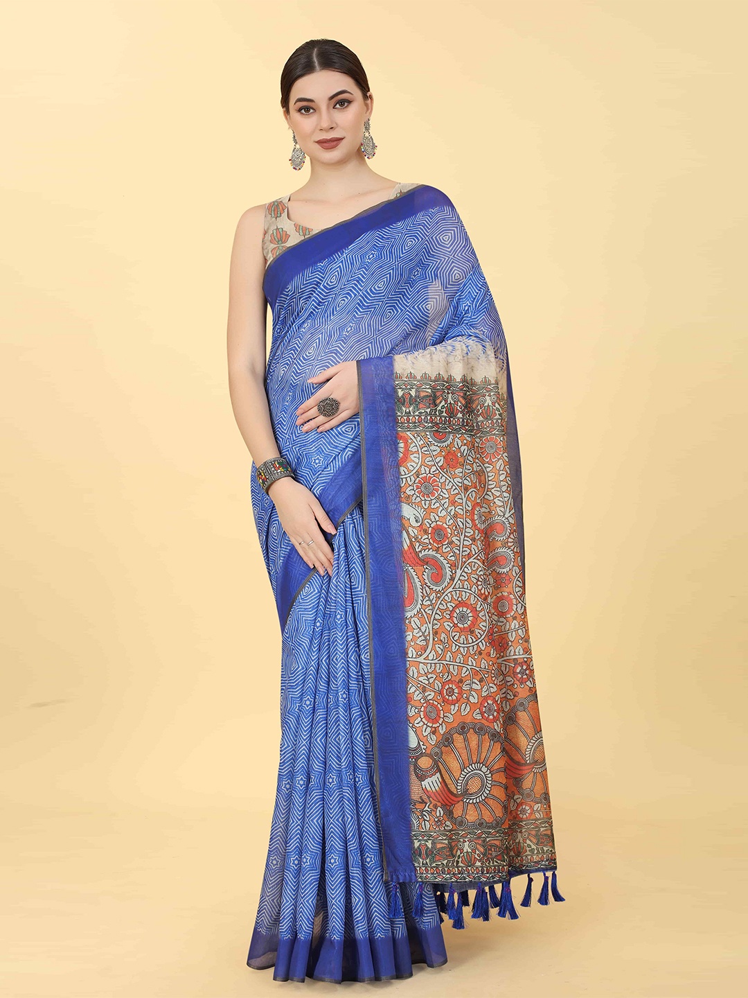 

Silk Land Abstract Printed Kalamkari Zari Chanderi Indigo Saree, Blue