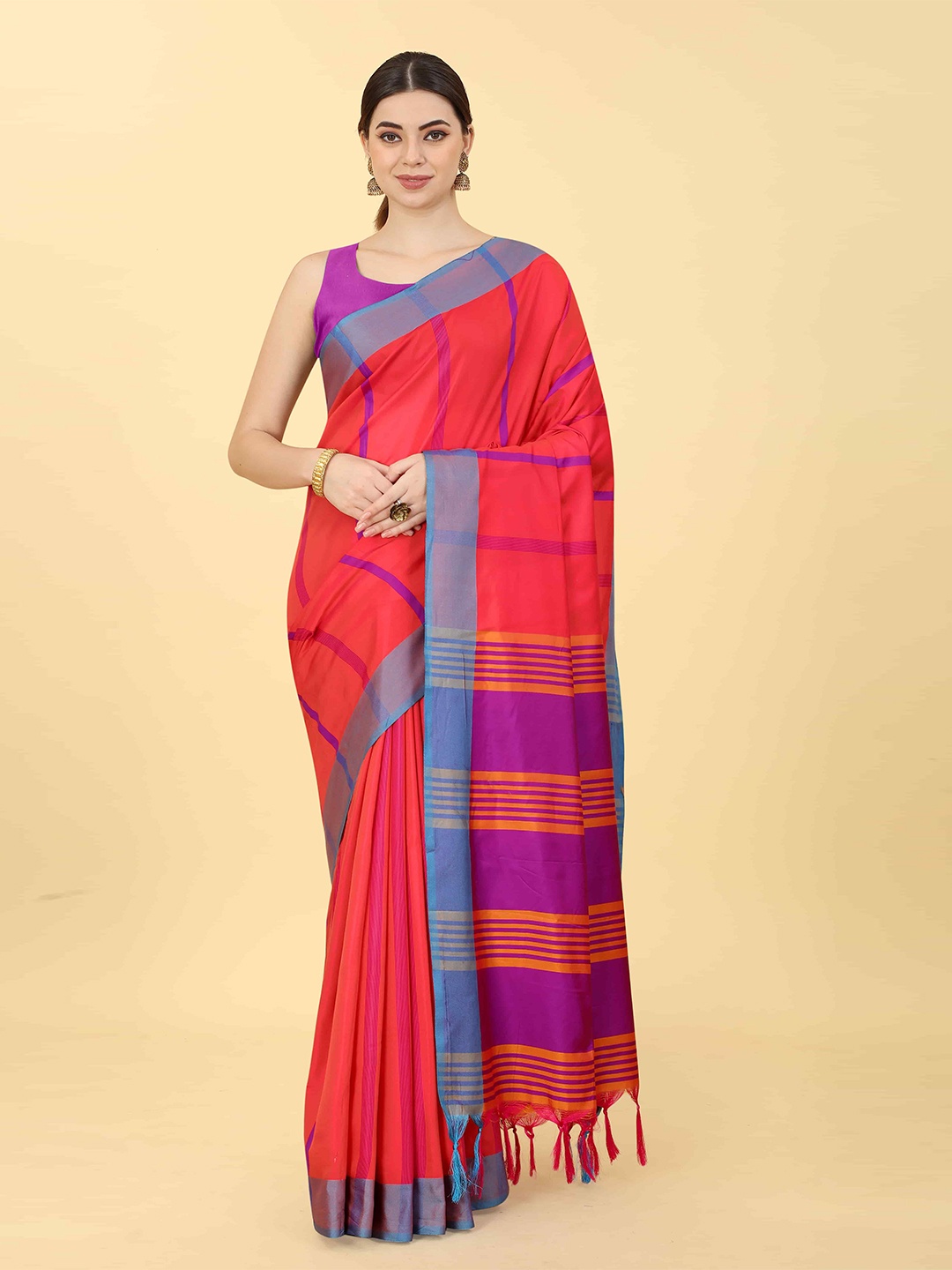 

Silk Land Striped Zari Art Silk Uppada Saree, Red