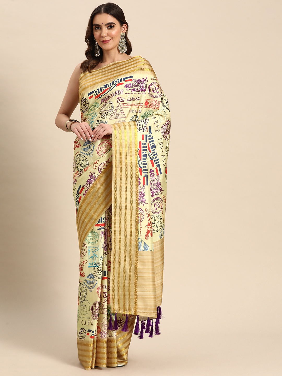

Silk Land Typography Chanderi Cotton Digital Print Saree, Beige
