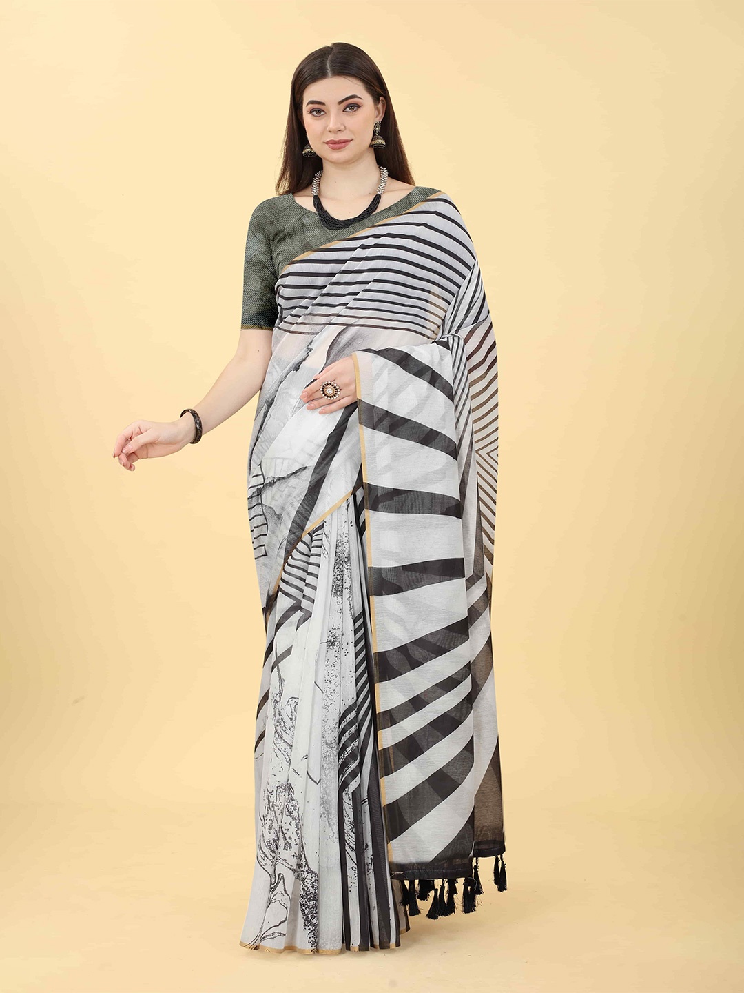 

Silk Land Striped Zari Chanderi Saree, Black