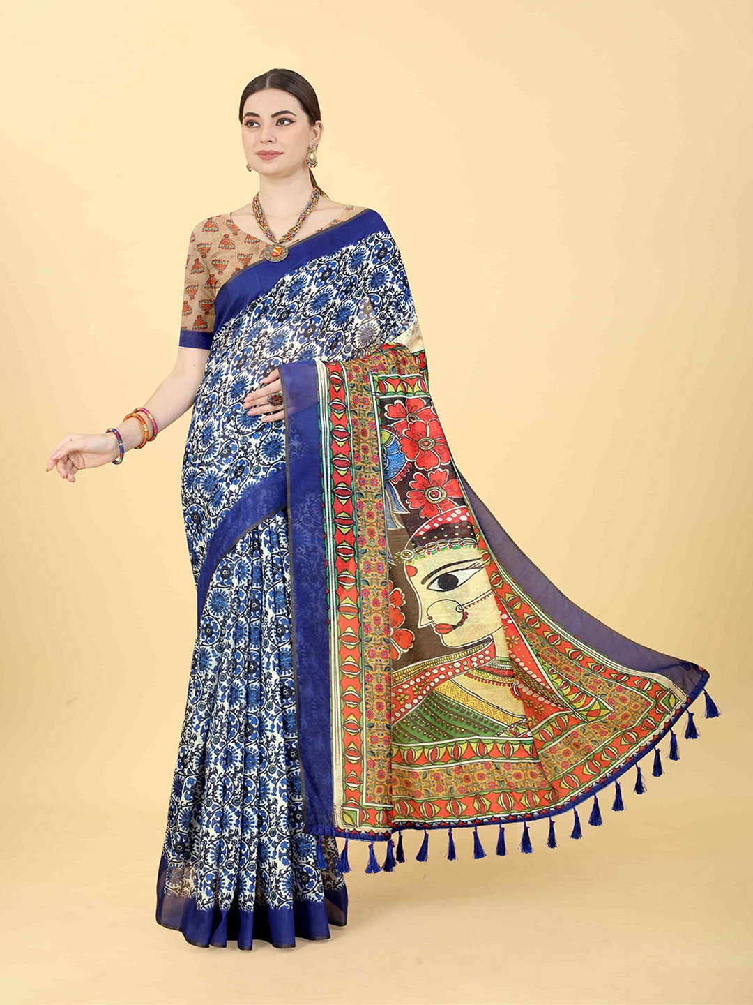 

Silk Land Kalamkari Chanderi Cotton Indigo Digital Print Saree, Blue