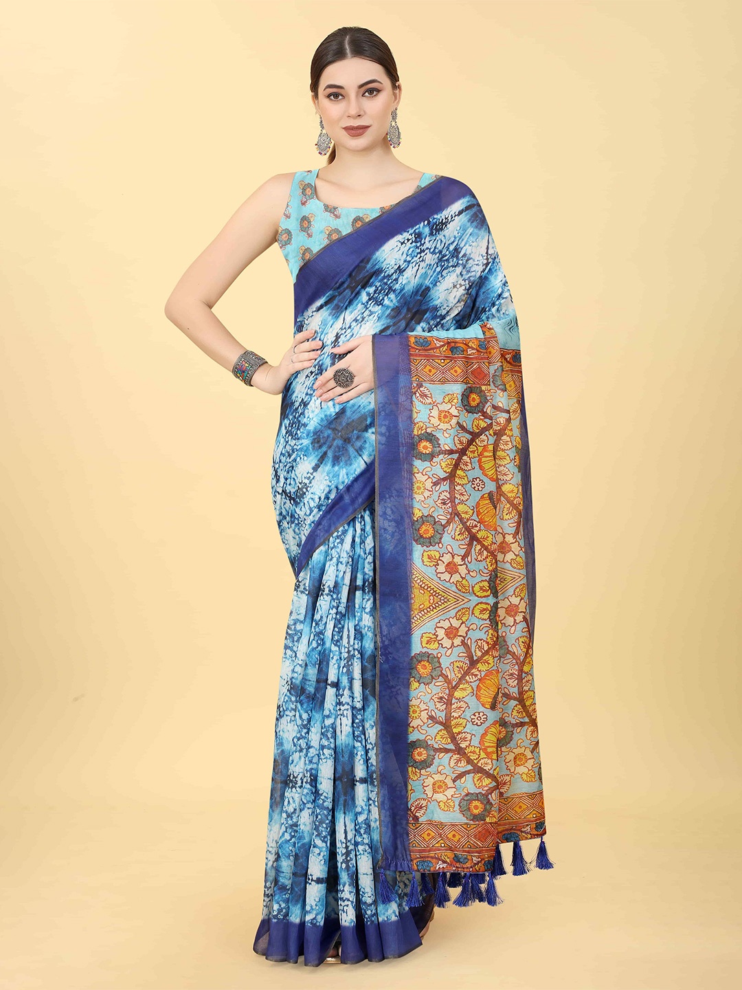 

Silk Land Kalamkari Chanderi Cotton Indigo Digital Print Saree, Blue