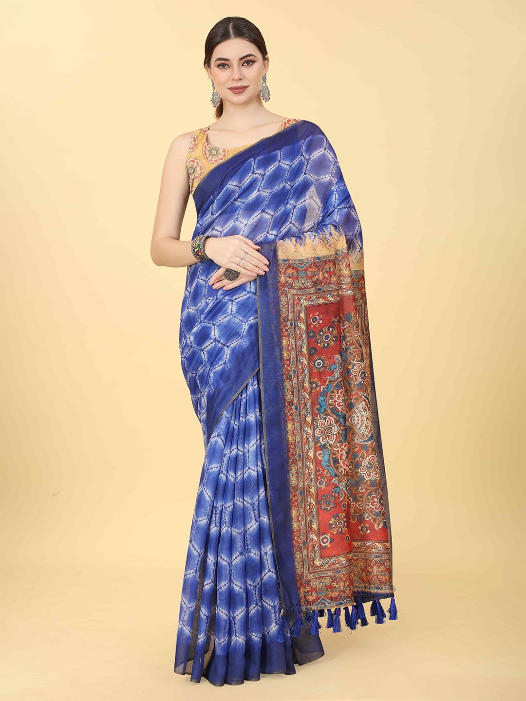 

Silk Land Kalamkari Chanderi Cotton Indigo Digital Print Saree, Blue