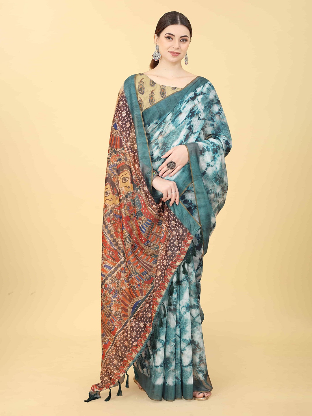 

Silk Land Kalamkari Chanderi Saree, Blue