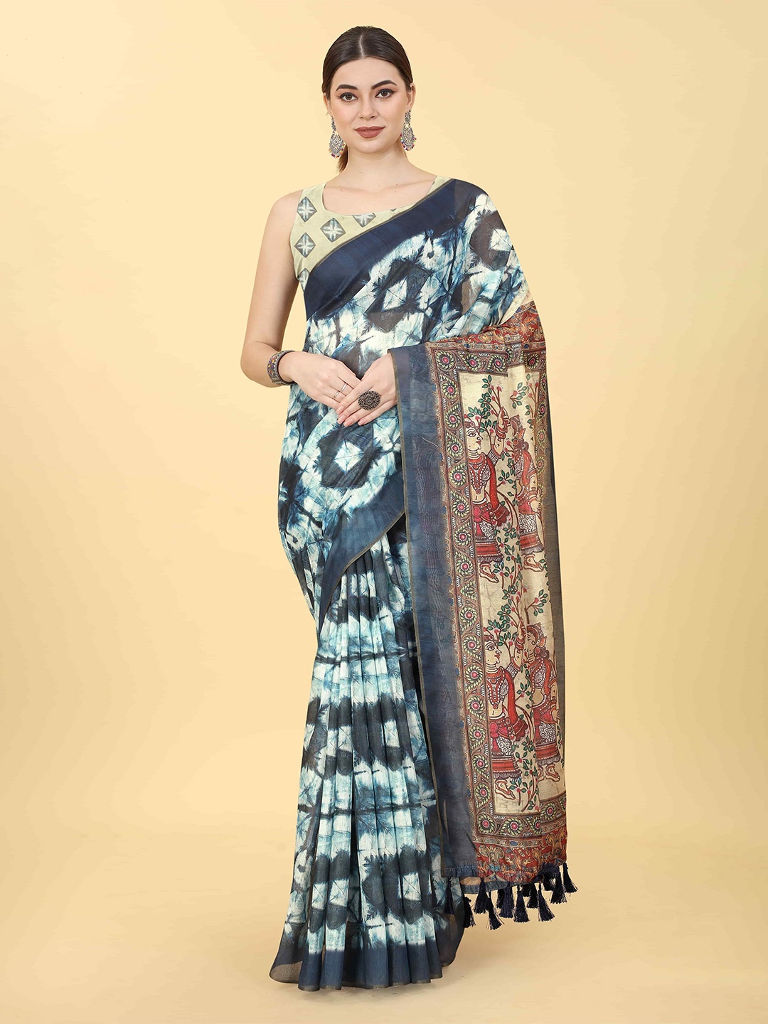 

Silk Land Tie And Dyed Kalamkari Chanderi Cotton Digital Print Saree, Blue