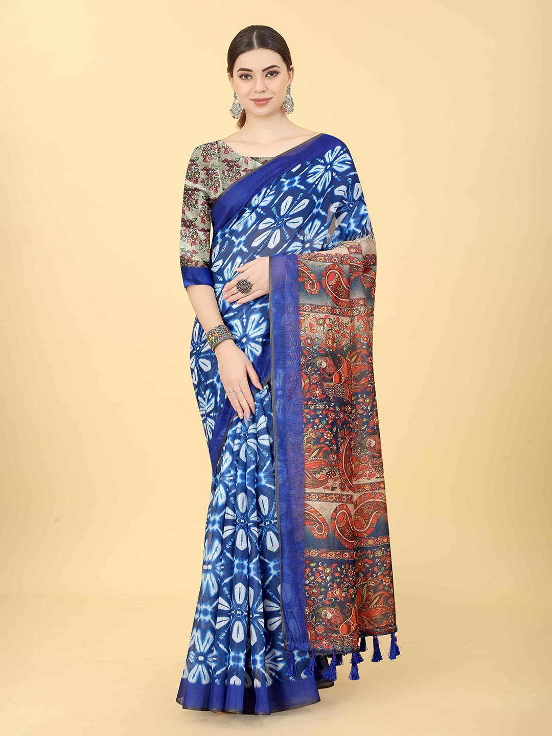 

Silk Land Kalamkari Chanderi Cotton Indigo Digital Print Saree, Blue
