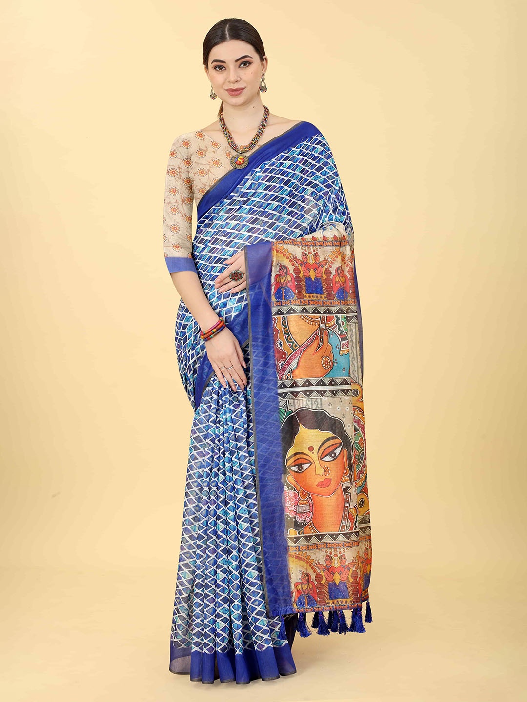 

Silk Land Kalamkari Digital Printed Chanderi Indigo Saree, Blue