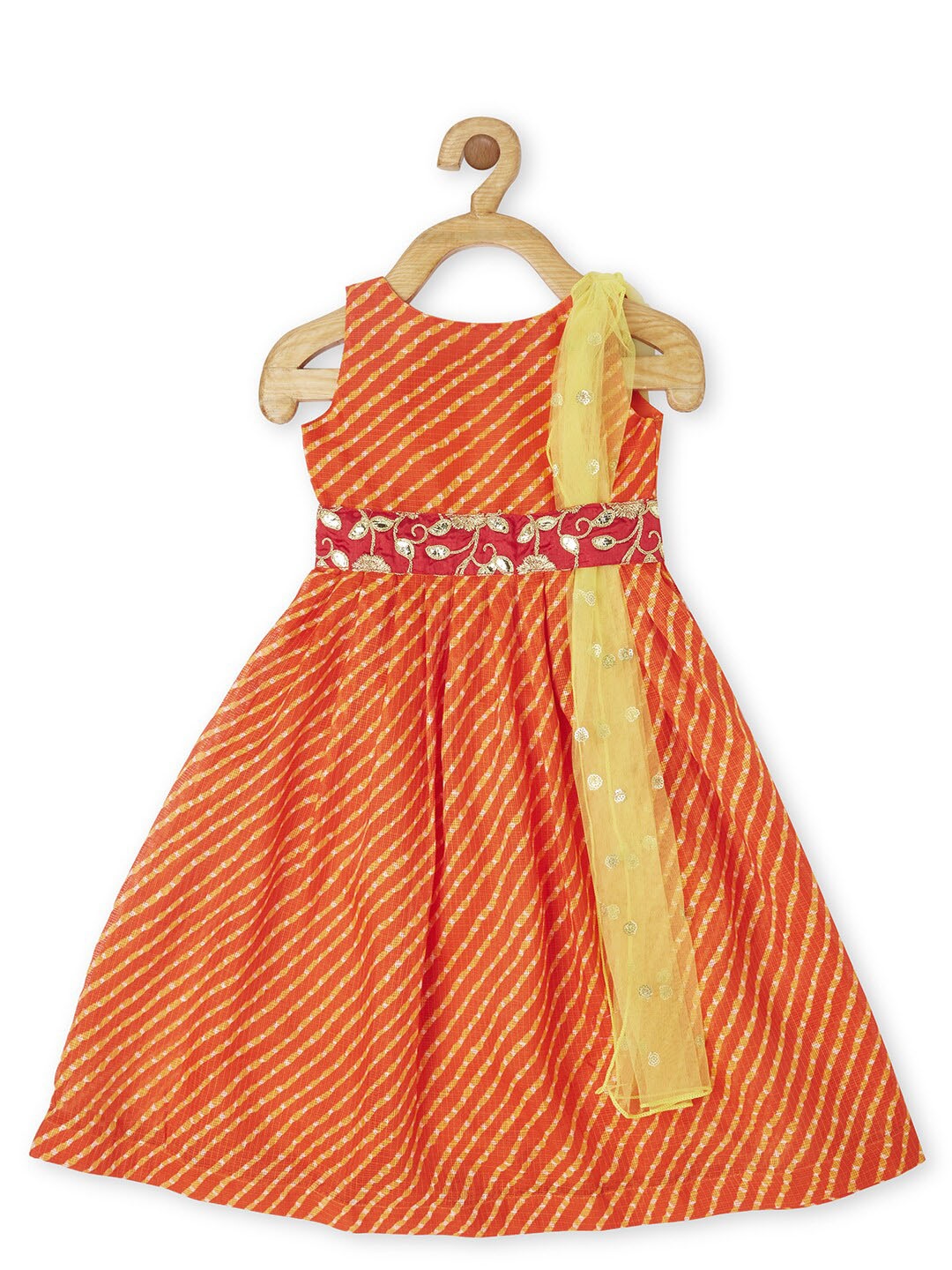 

PICCOLO Girls Striped Maxi Ethnic Dress With Dupatta, Orange