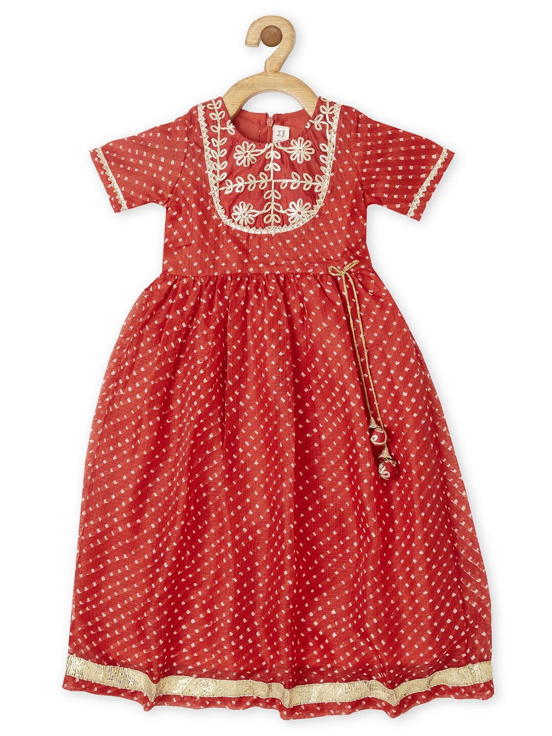 

PICCOLO Girls Ethnic Motif Embroidered Tie Up Detail Maxi Dress, Red