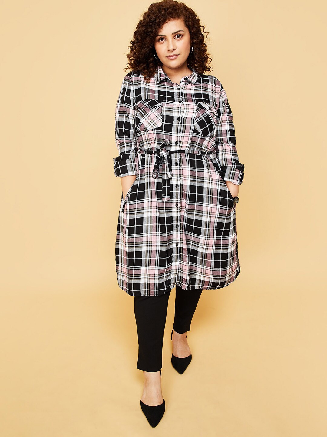 

max Checked Shirt Collar Waist Tie-Ups Tunic, Black