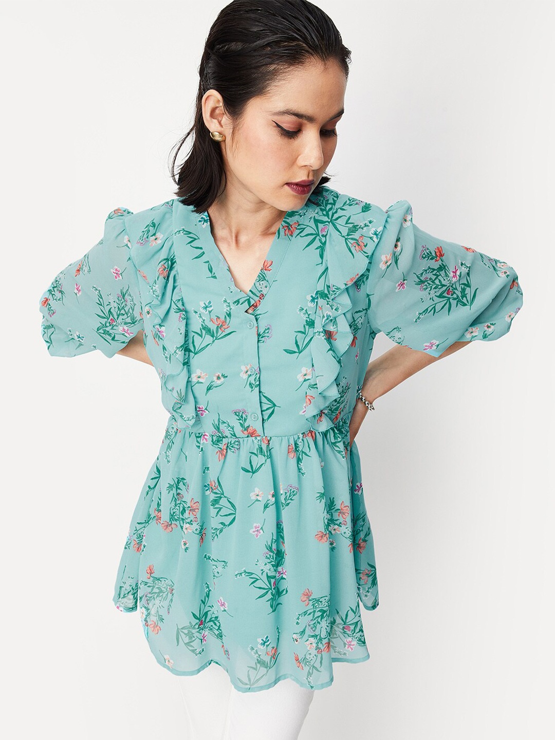 

max Floral Printed V- Neck Ruffles & Gathers Tunic, Blue