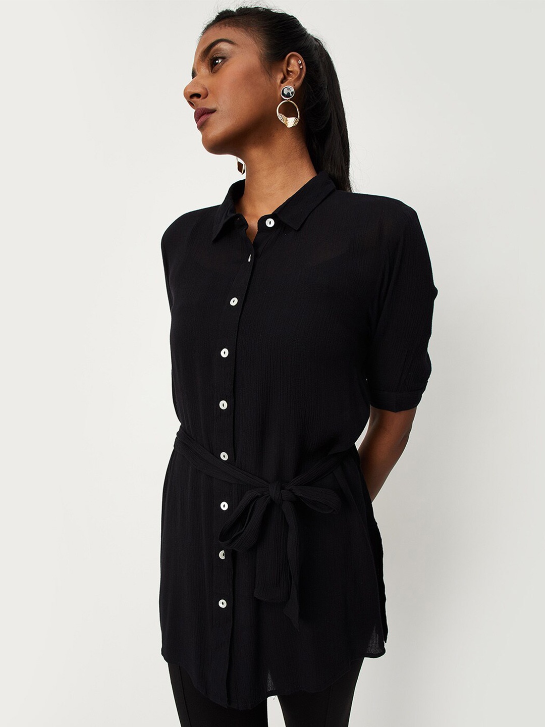 

max Shirt Collar Waist Tie-Ups Three-Quarter Sleeves Tunic, Black