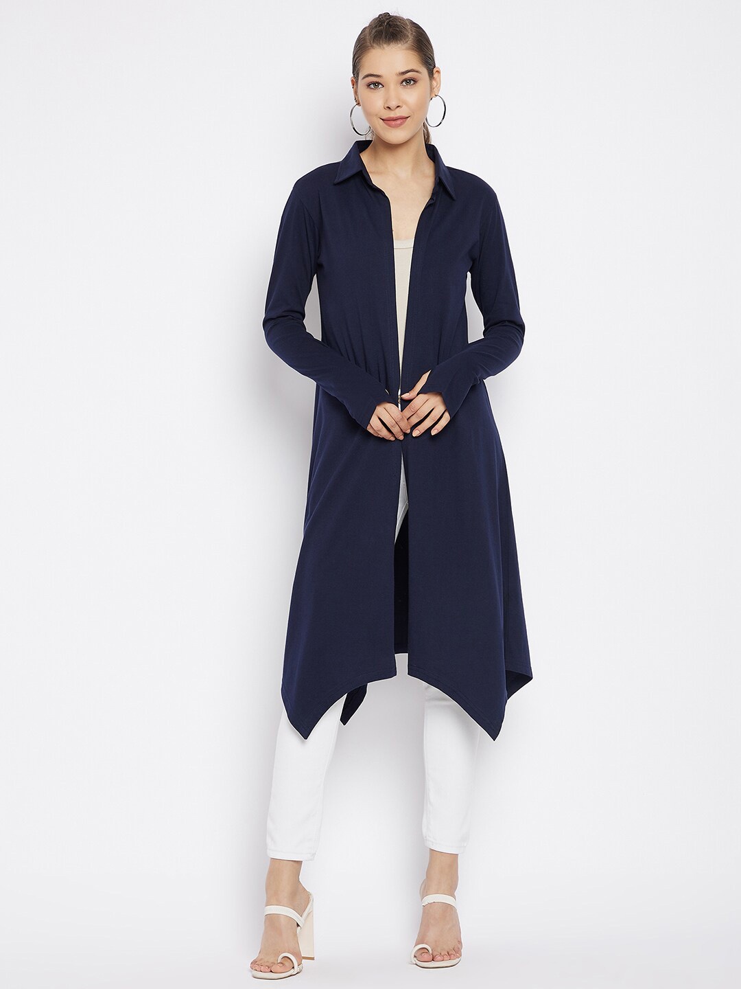 

Hypernation Front Open Asymmetric Cotton Longline Shrug, Navy blue