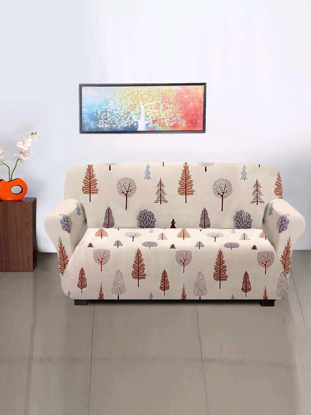 

Kuber Industries Beige & Brown Printed Stretchable 2 Seater Sofa Slipcover With Foam Sticks