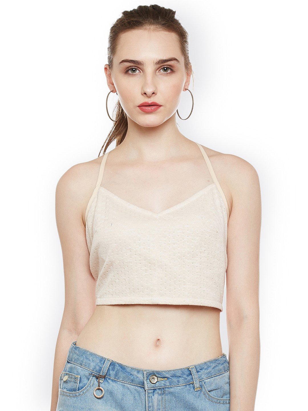 

Zastraa Women Beige Self-Design Bralette Crop Top