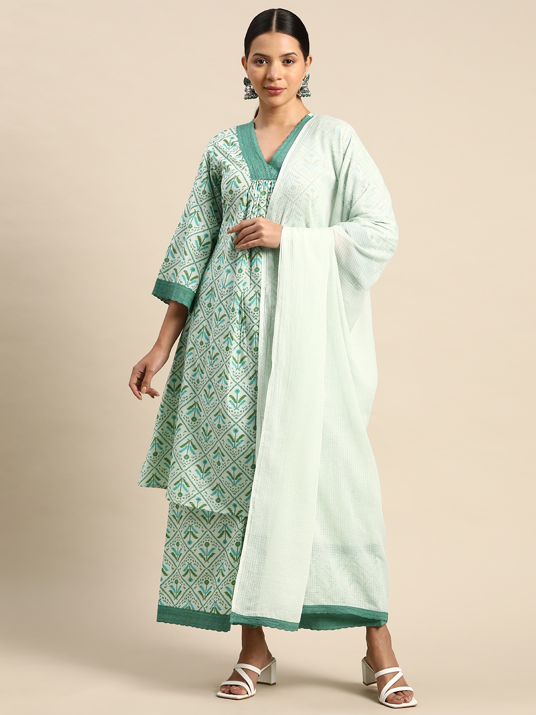 

anayna Floral Printed Pleated Pure Cotton Kurta with Trousers & With Dupatta, Green