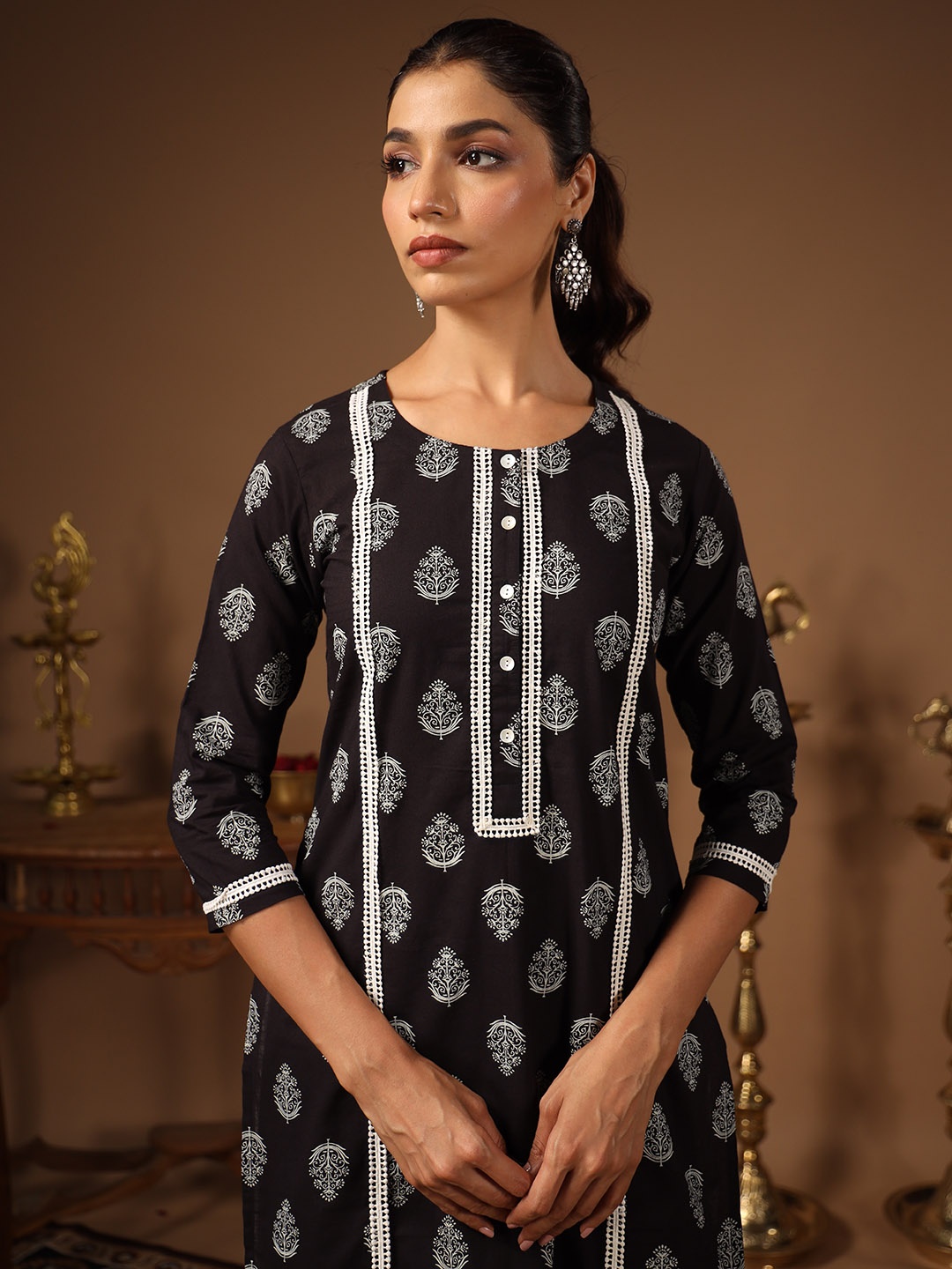 

anayna Ethnic Motifs Printed Block Print Kurta, Black