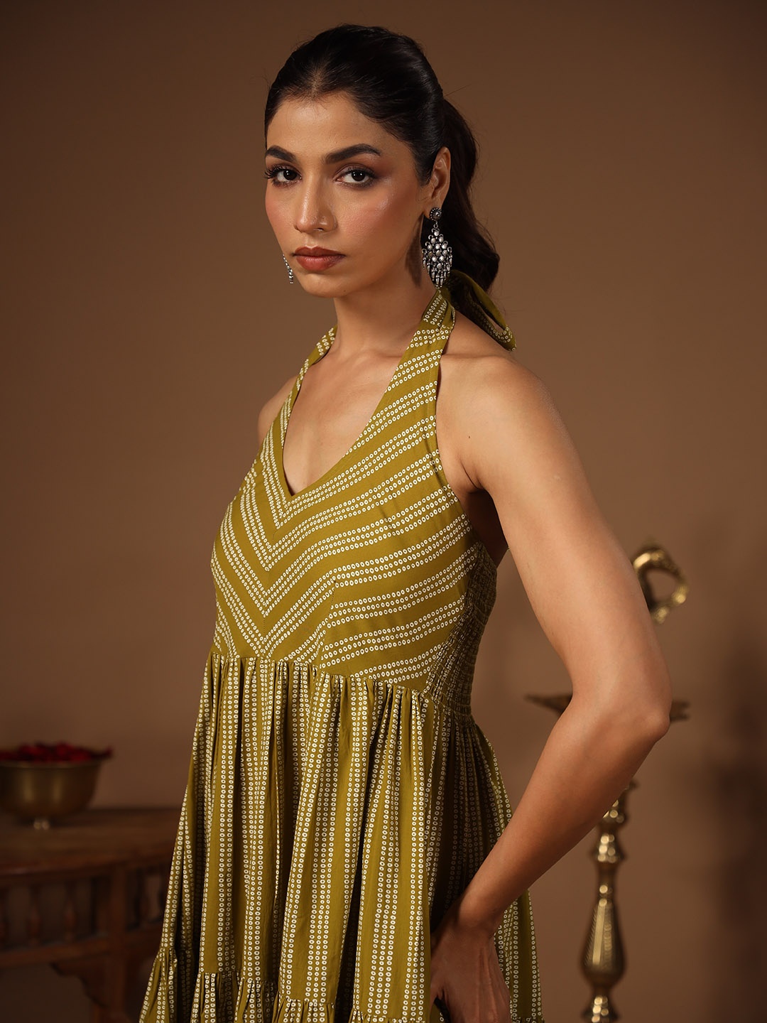 

anayna Ethnic Motifs Printed Smocked Fit & Flare Midi Dress, Green