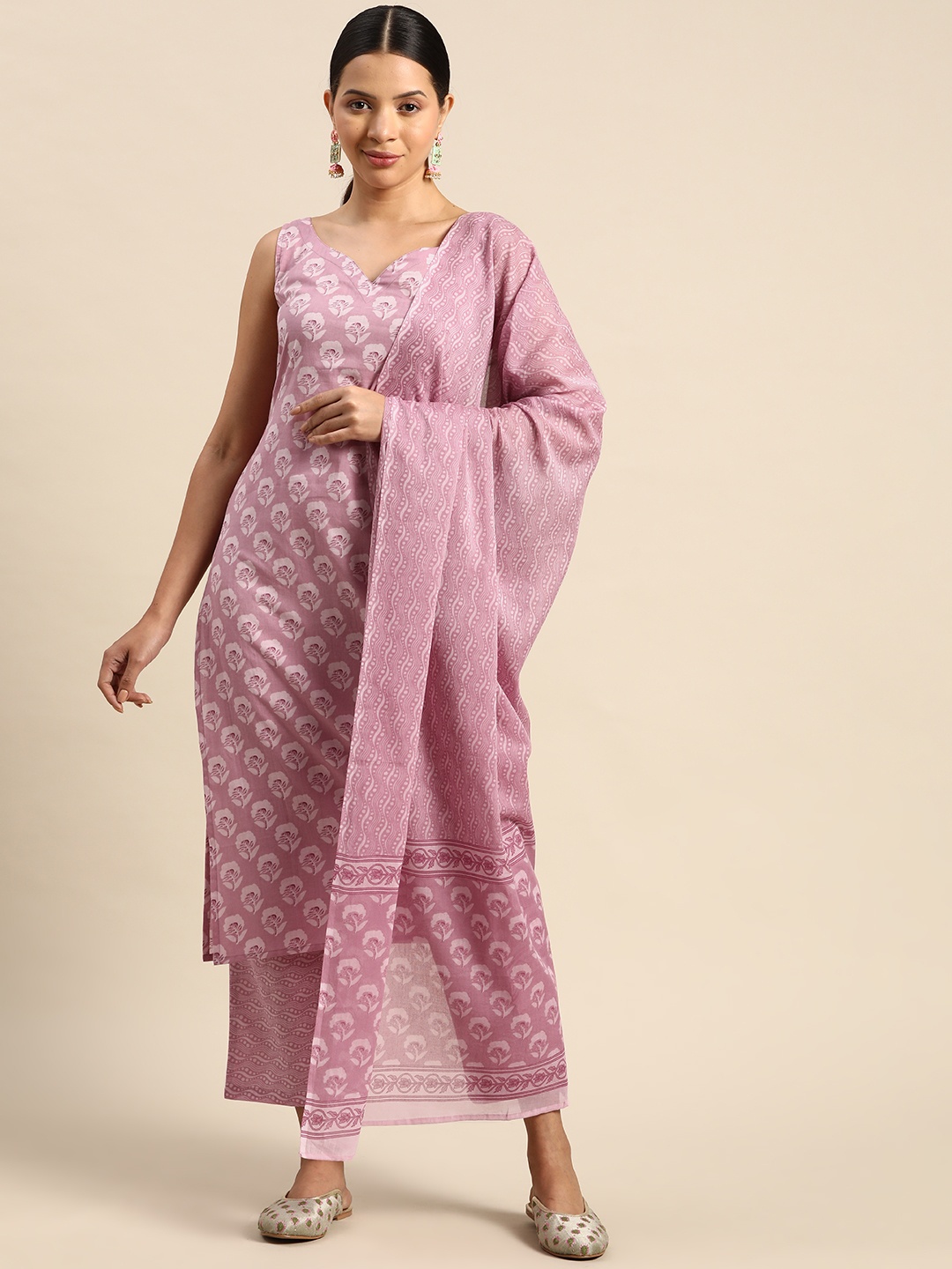 

anayna Ethnic Motifs Printed Pure Cotton Kurta with Trousers & With Dupatta, Mauve