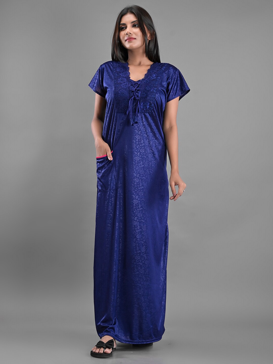 

Apratim V-Neck Floral Printed Tie Up Satin Maxi Nightdress, Blue