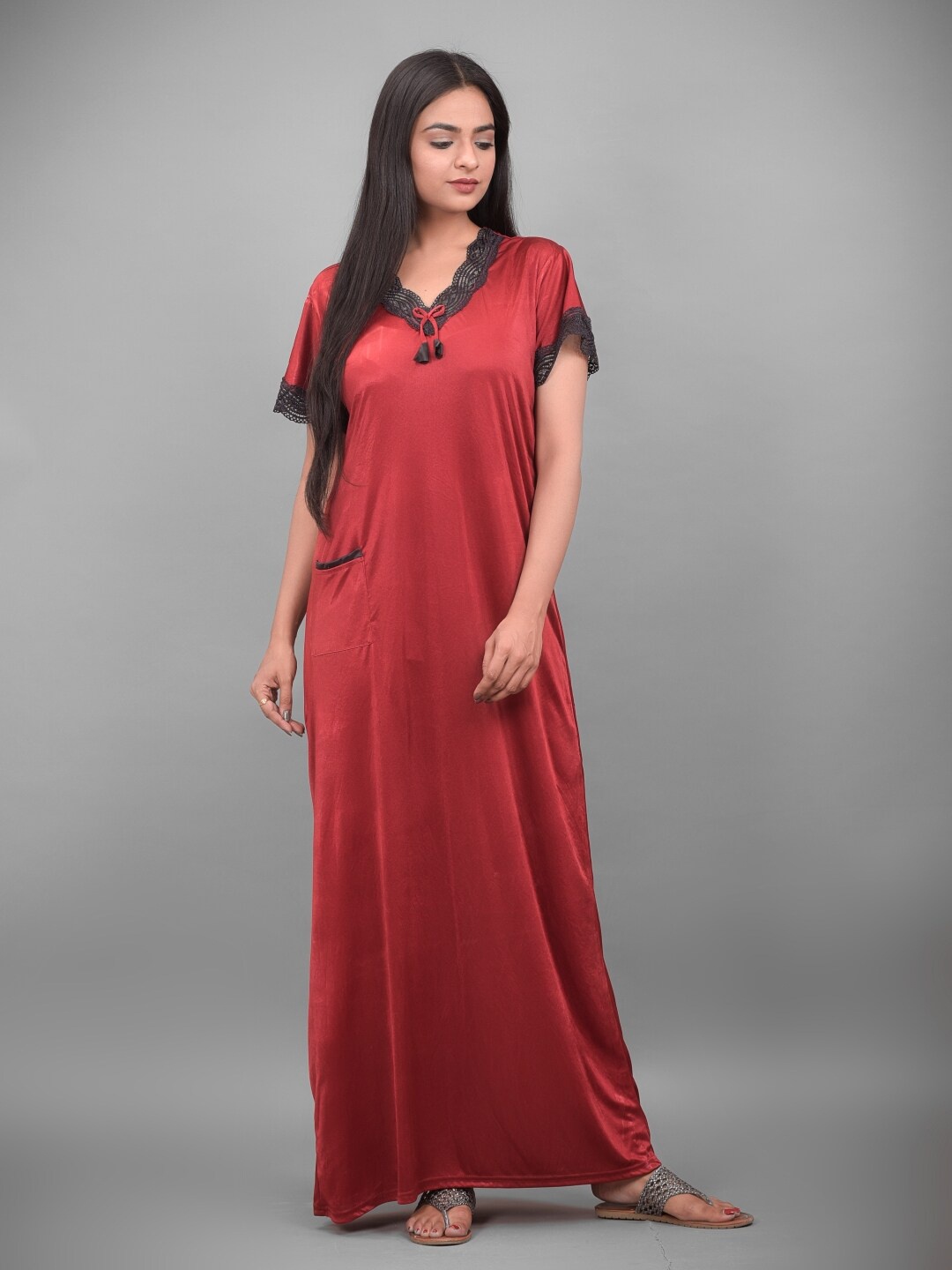 

Apratim V-Neck Satin Maxi Nightdress, Red