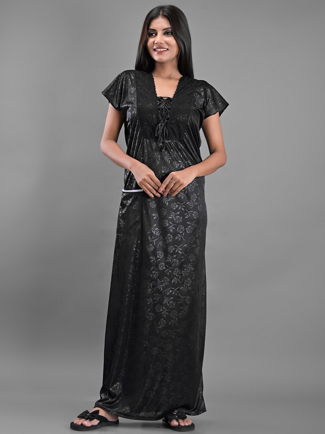 

Apratim V-Neck Floral Printed Satin Maxi Nightdress, Black