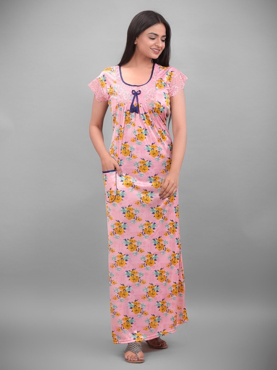 

Apratim Round Neck Floral Printed Satin Maxi Nightdress, Pink
