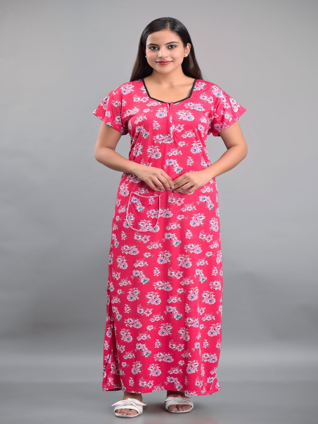 

Apratim Square Neck Floral Printed Satin Maxi Nightdress, Pink