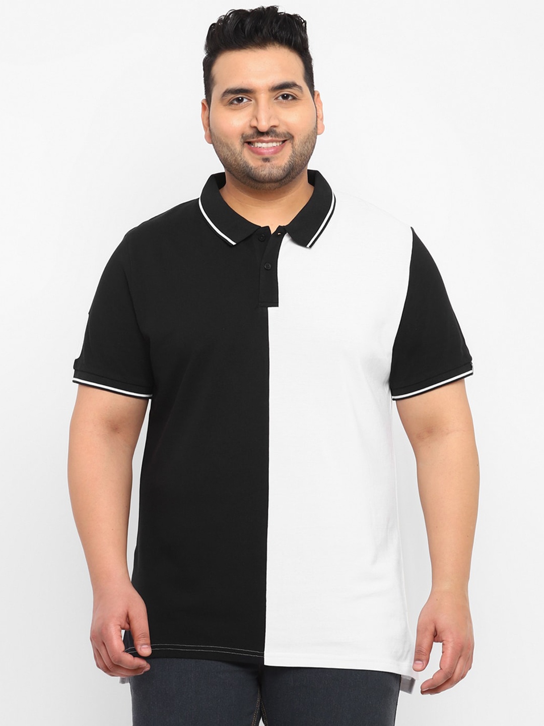

Urbano Plus Plus Size Monochrome Polo Collar Colourblocked Cotton T-shirt, White