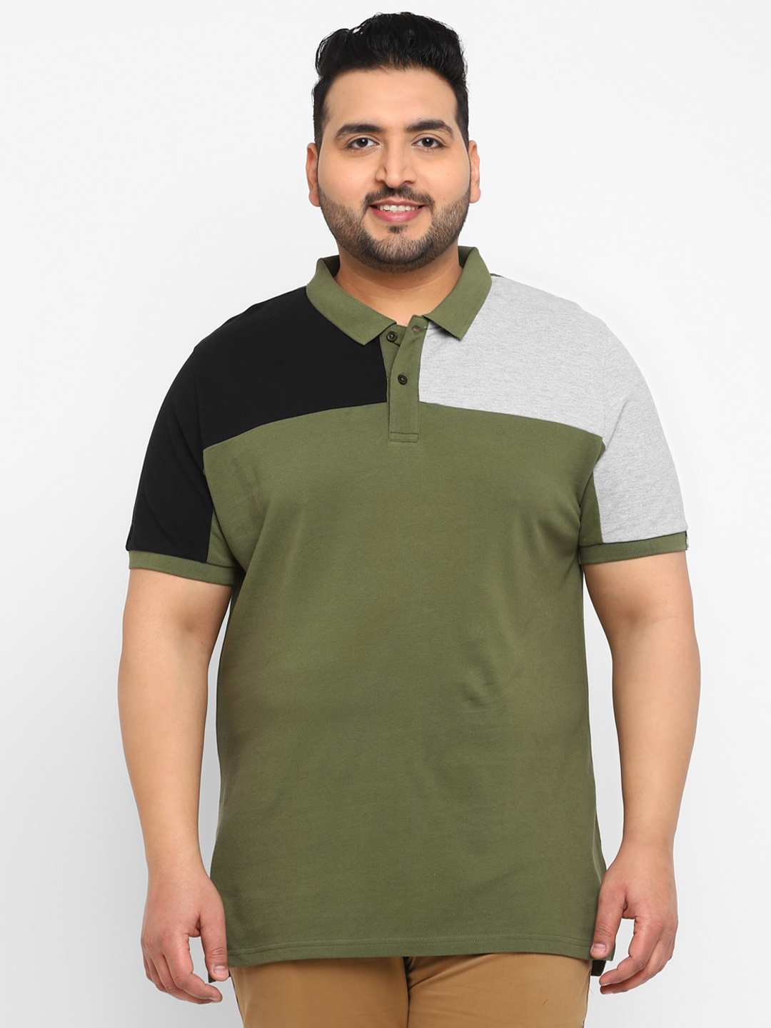 

Urbano Plus Plus Size Colourblocked Polo Collar Pure Cotton T-shirt, Olive