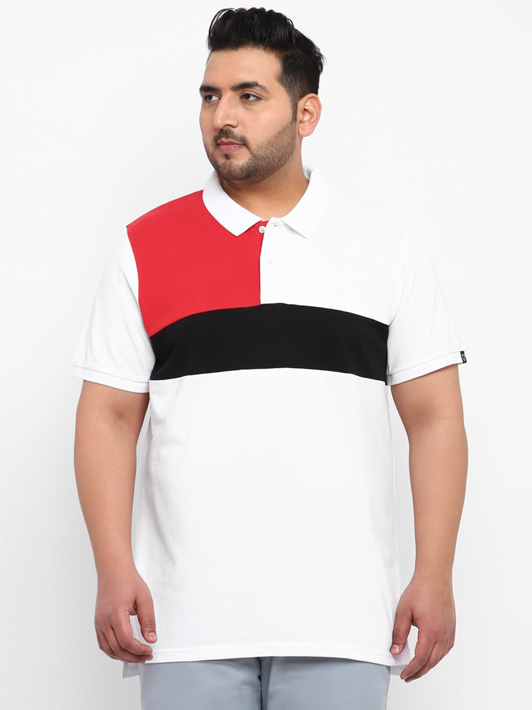 

Urbano Plus Plus Size Colourblocked Polo Collar Pure Cotton T-shirt, White