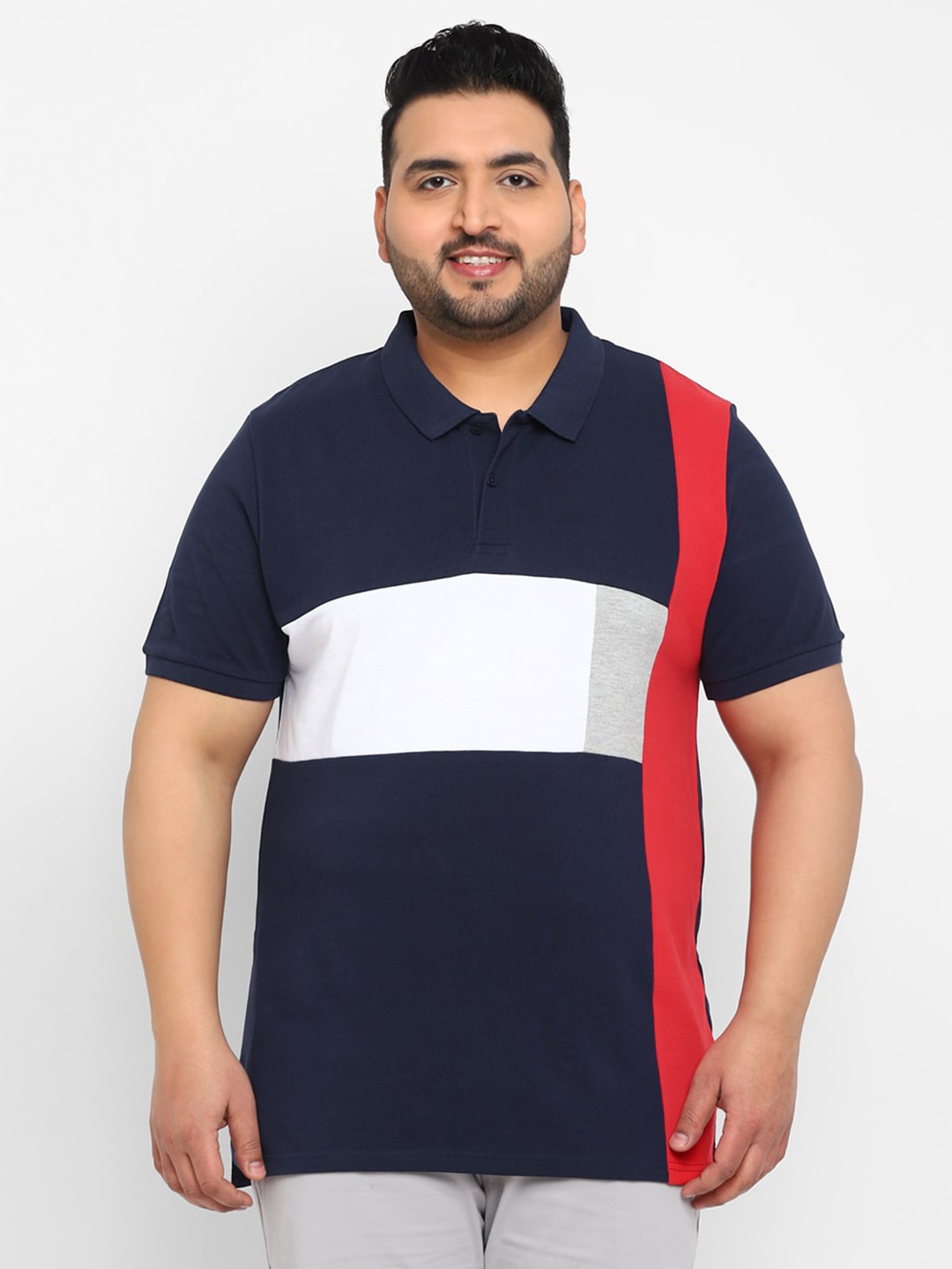 

Urbano Plus Size Colourblocked Polo Collar Cotton T-shirt, Navy blue