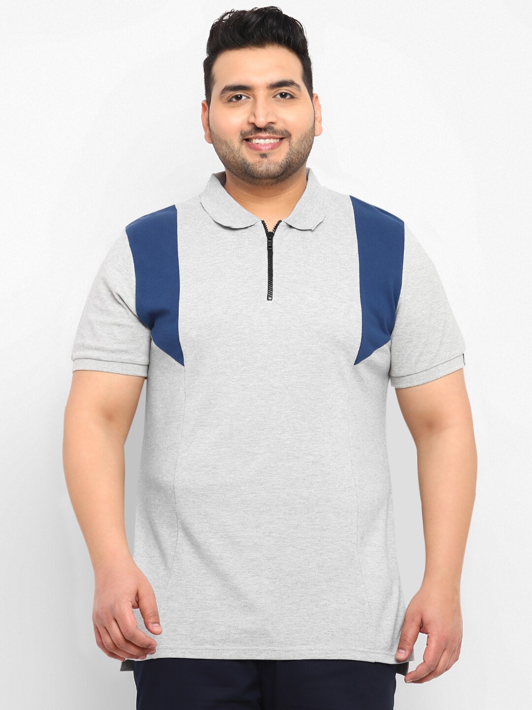 

Urbano Plus Size Colourblocked Polo Collar Cotton T-shirt, Grey