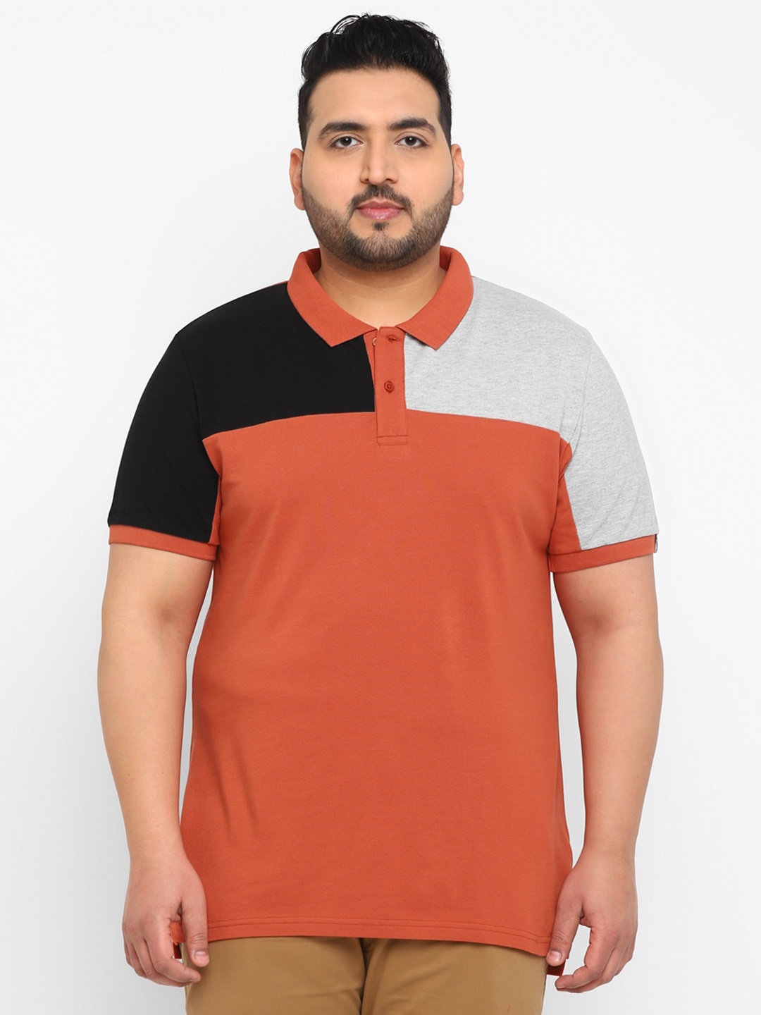 

Urbano Plus Plus Size Colourblocked Polo Collar Pure Cotton T-shirt, Rust