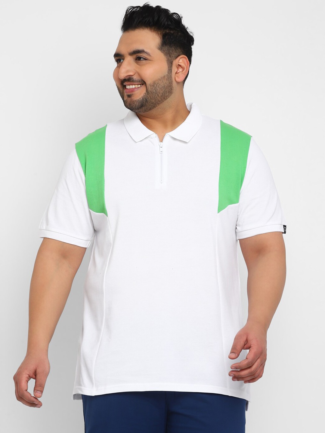 

Urbano Plus Size Colourblocked Polo Collar Cotton T-shirt, White