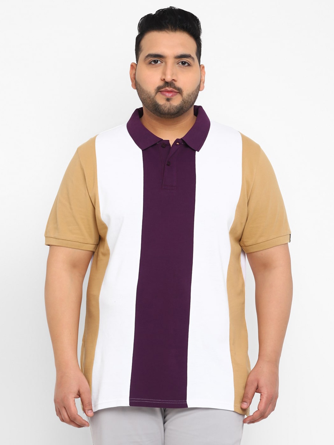 

Urbano Plus Size Colourblocked Polo Collar Cotton T-shirt, White