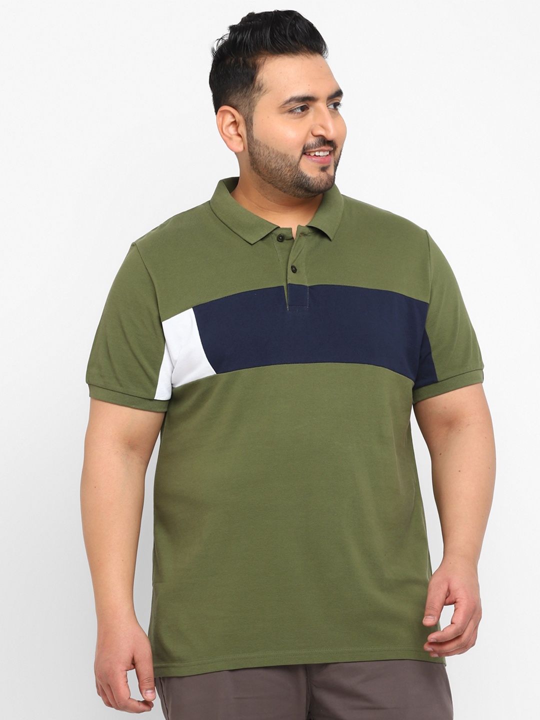 

Urbano Plus Men Plus Size Striped Polo Collar Cotton T-shirt, Green