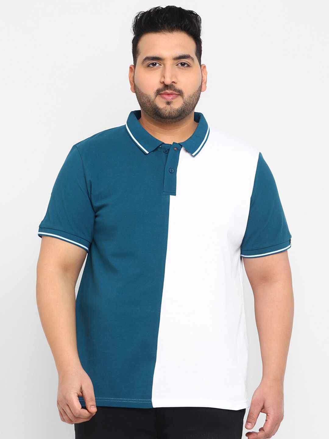 

Urbano Plus Plus Size Colourblocked Polo Collar Pure Cotton T-shirt, Teal
