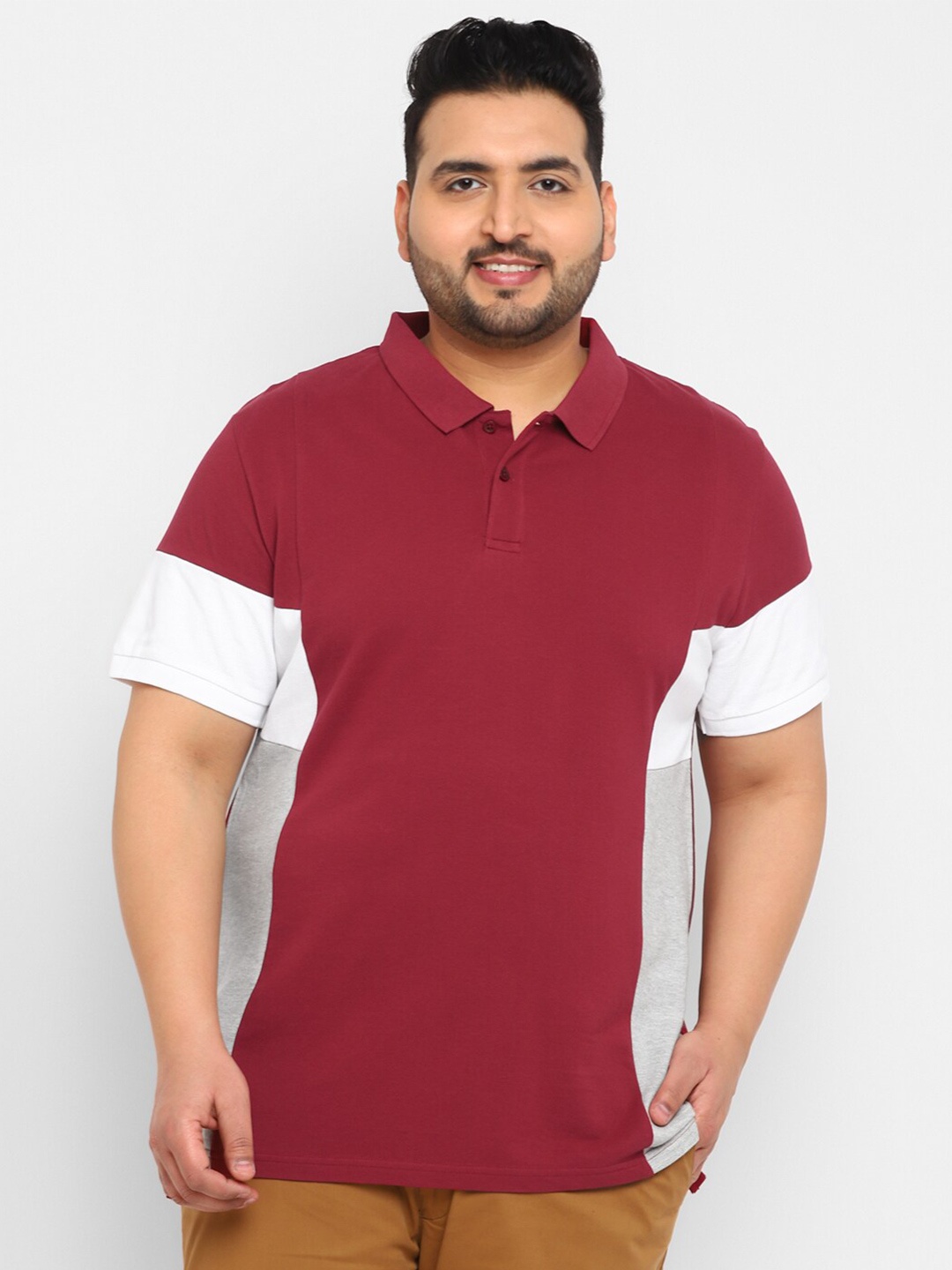 

Urbano Plus Plus Size Colourblocked Polo Collar Cotton T-shirt, Maroon