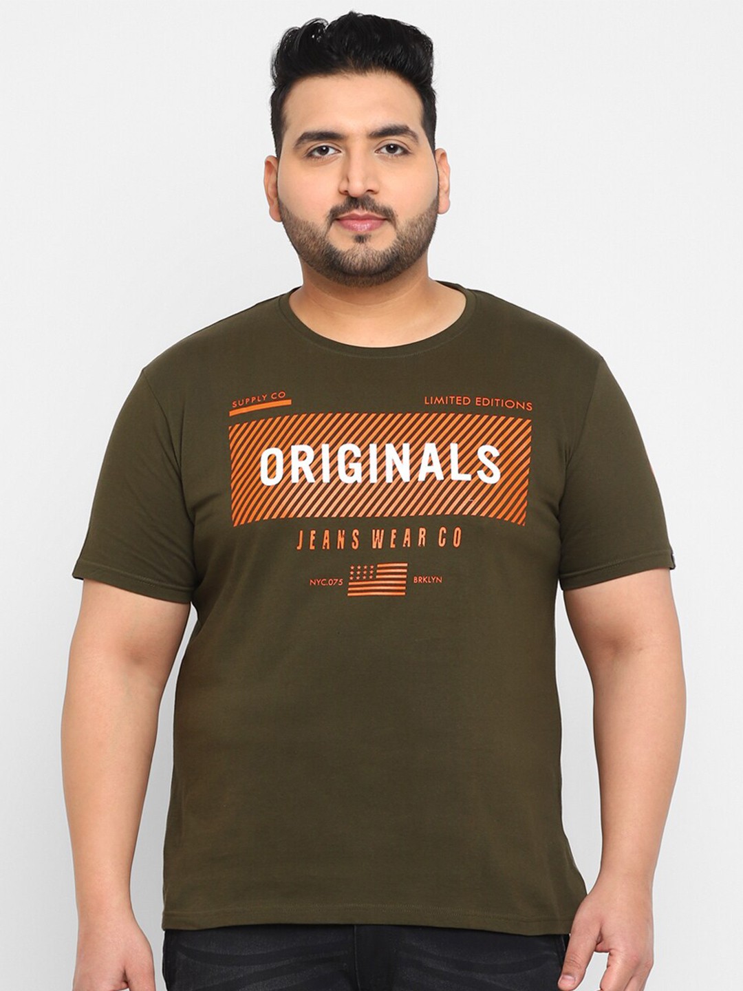 

Urbano Plus Plus Size Round Neck Typography Printed Cotton T-shirt, Olive