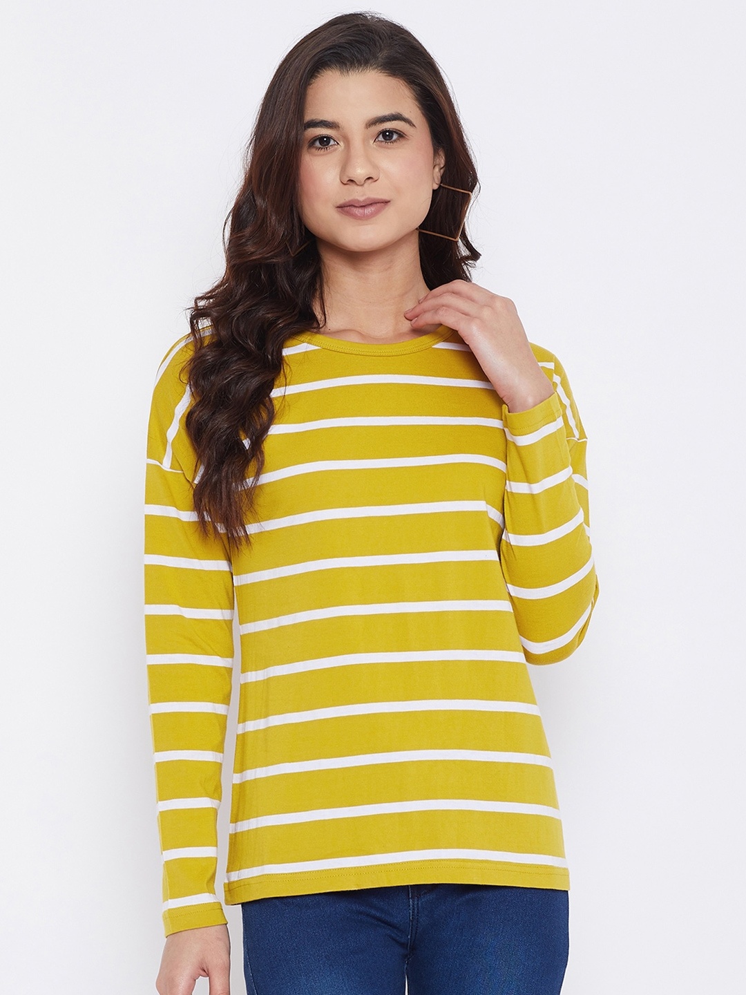 

Hypernation Striped Drop Shoulder Sleeves Cotton T-shirt, Yellow