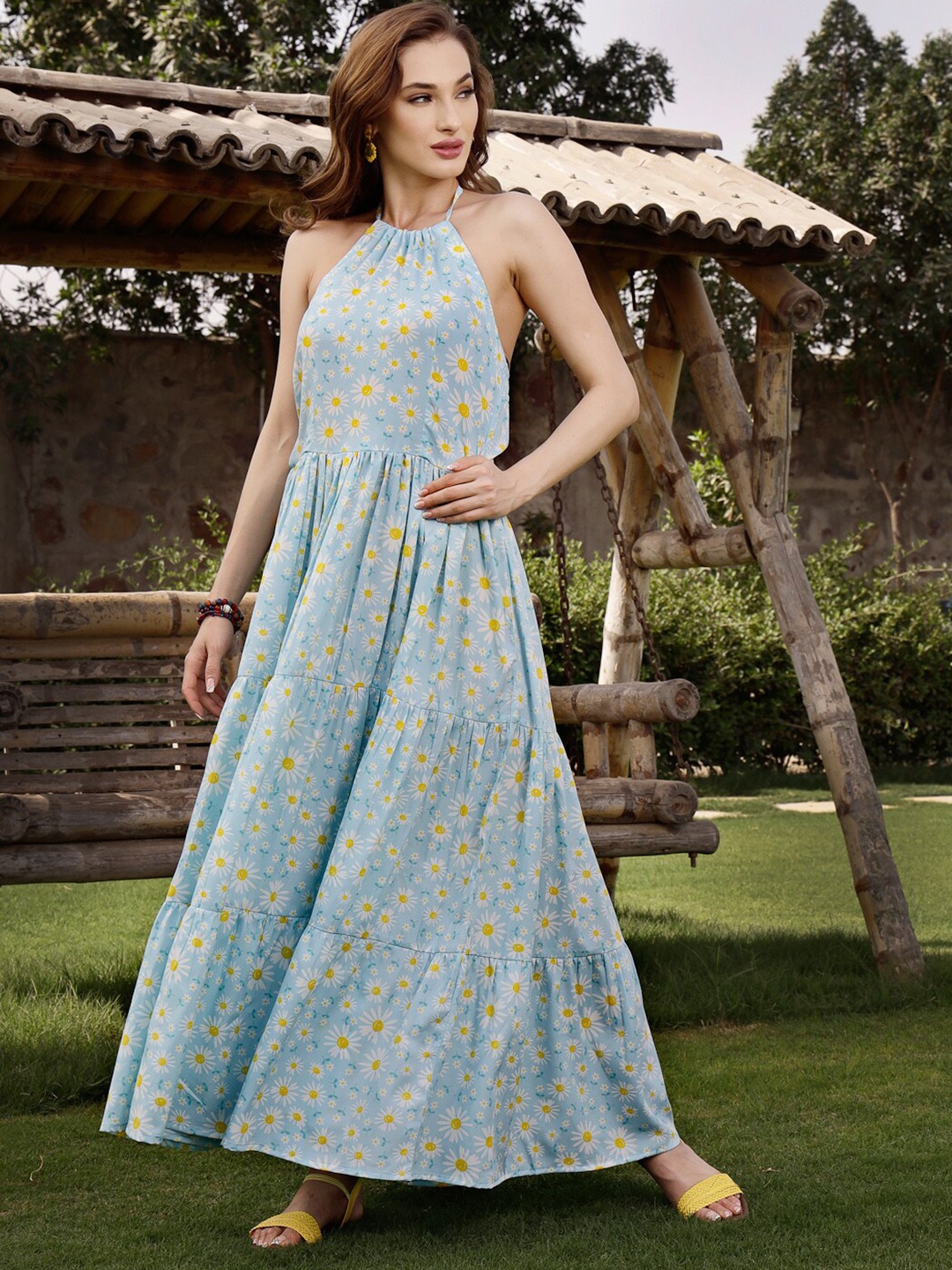 

Sera Floral Printed Halter Neck Fit & Flare Maxi Dress, Blue