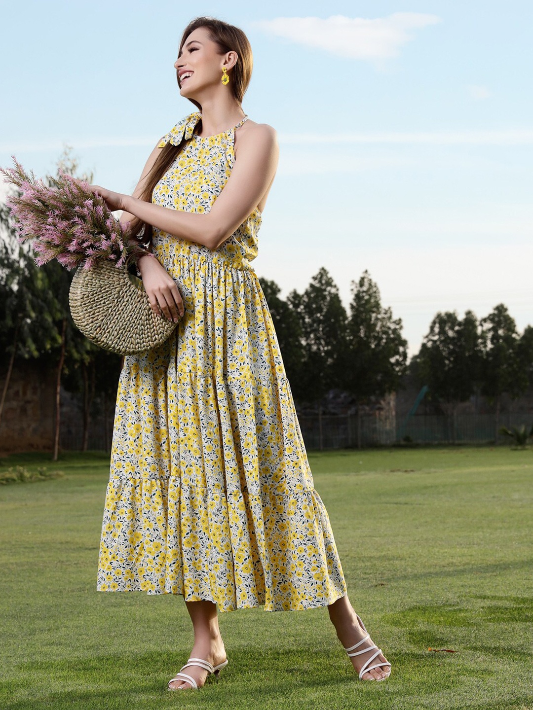 

Sera Floral Printed Halter Neck Fit & Flare Maxi Dress, Yellow