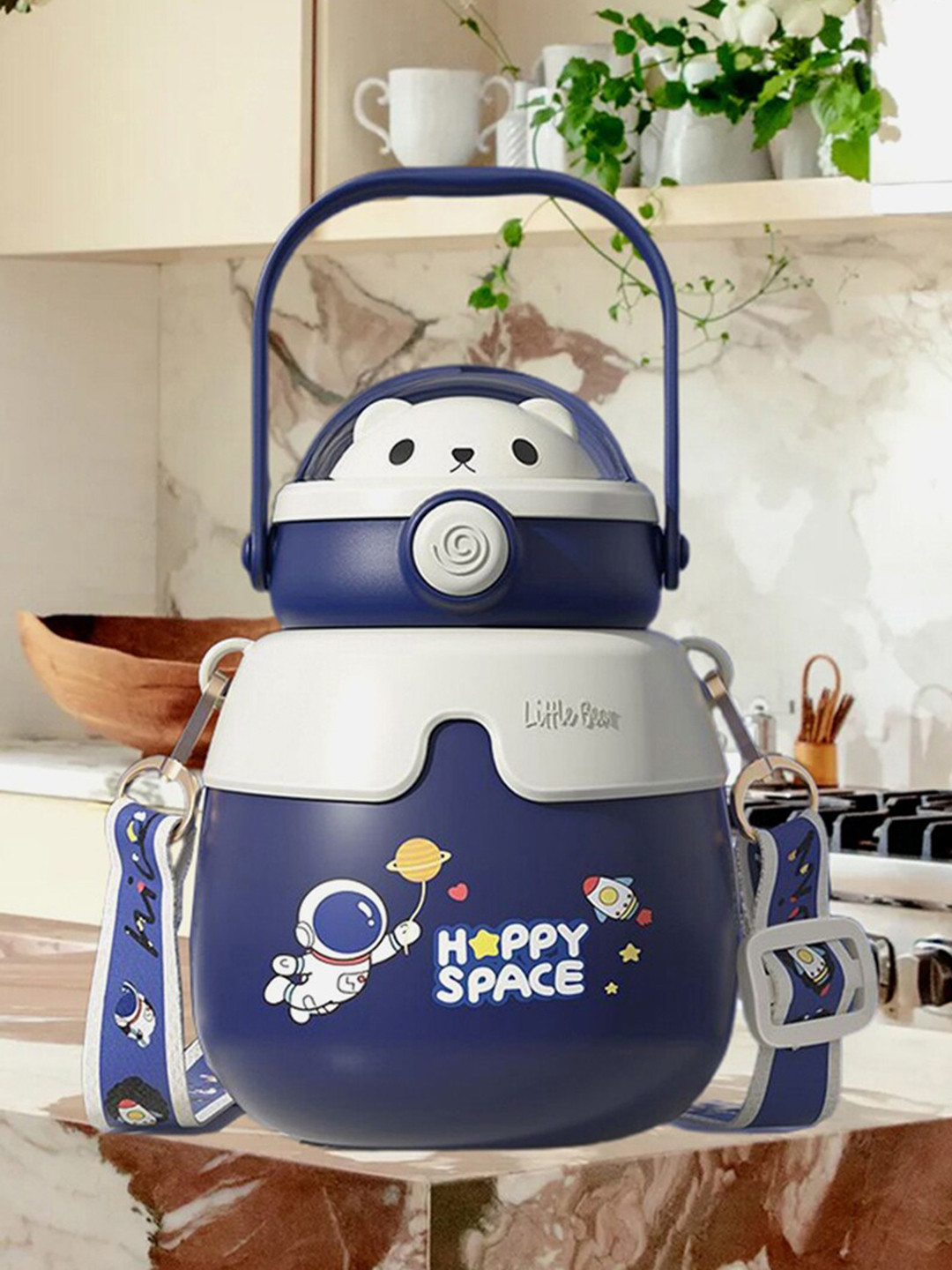 

Little Surprise Box LLP Blue Belly Bear Globe Lid Stainless Steel Water Bottle 500ml