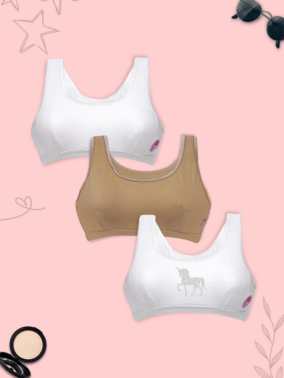 

DChica Pack Of 3 Double Layer Graphic Cotton Non Padded Bra, Beige