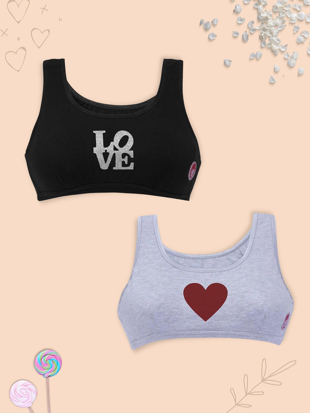

DChica Pack Of 2 Graphic Non Padded Full Coverage All Day Comfort Cotton Sports Bra, Grey melange