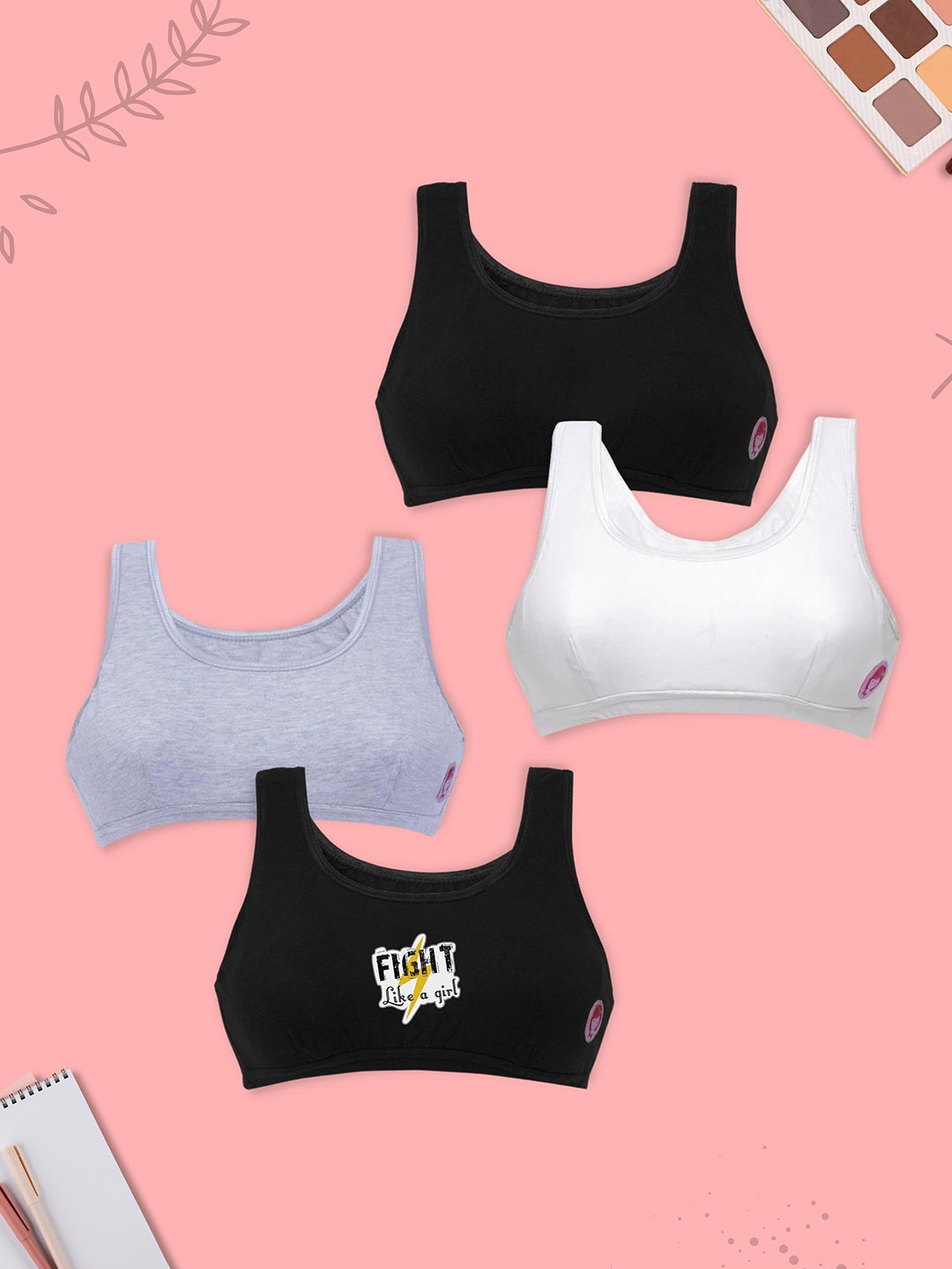 

DChica Pack Of 4 Printed Premium Cotton Non-Wired Non Padded Medium Support Seamless Bra, Black