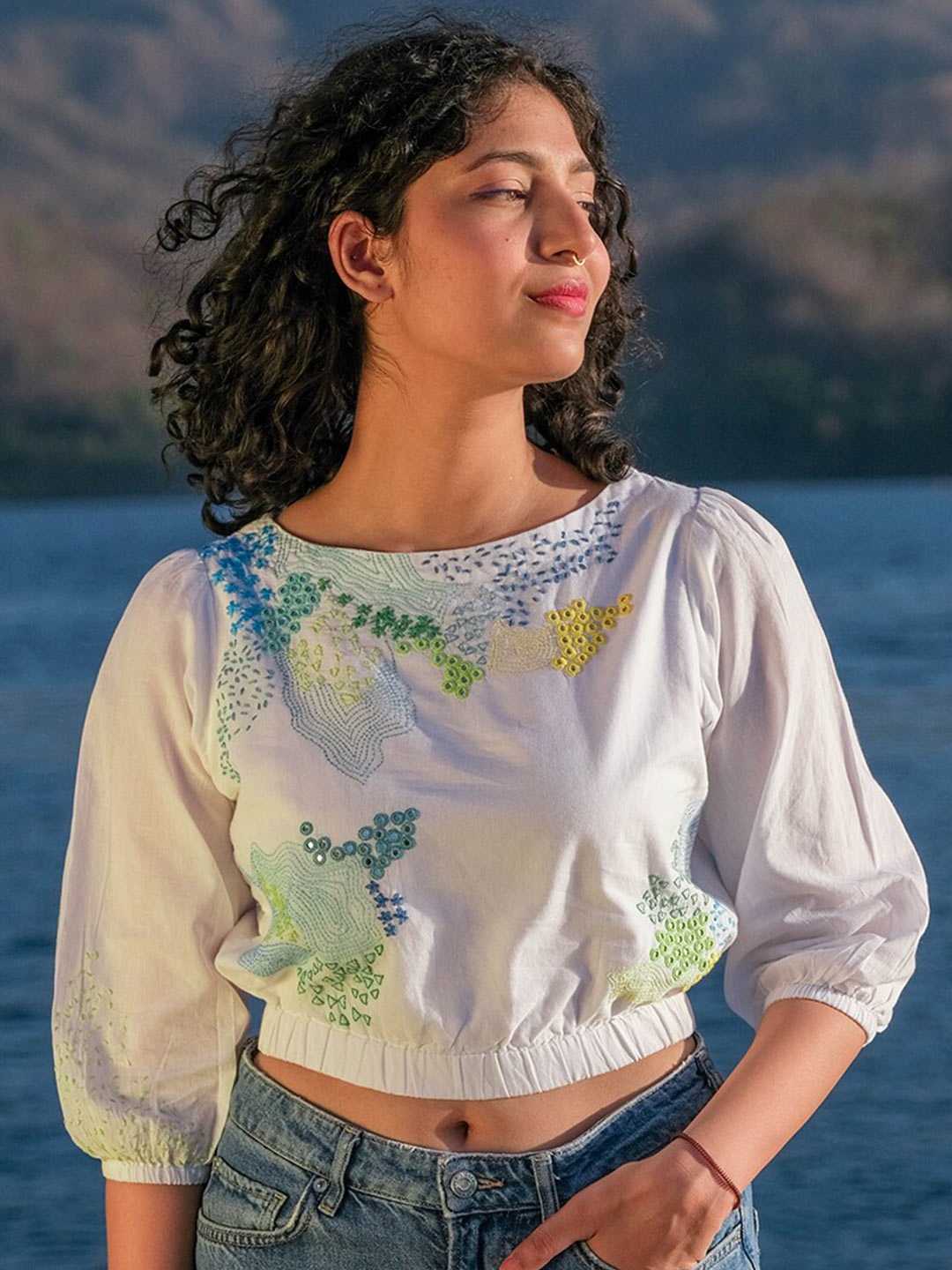 

OKHAI Embroidered Puff Sleeves Pure Cotton Crop Top, White