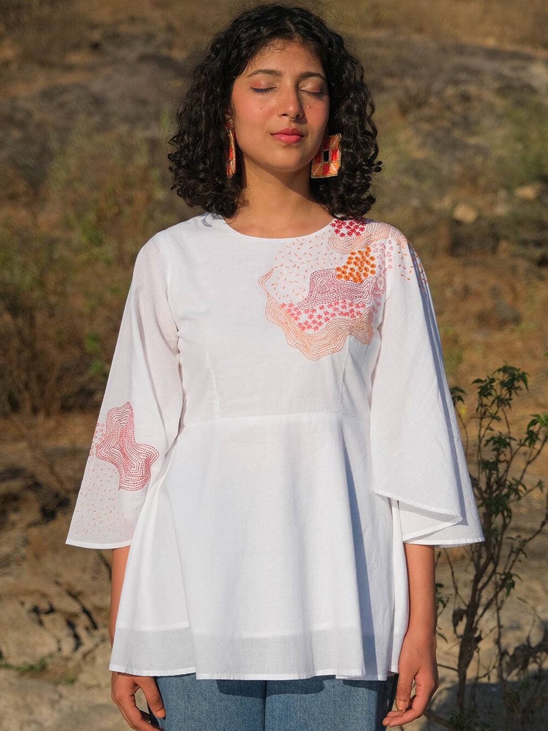 

OKHAI Embroidered Mirror Work A-Line Top, White