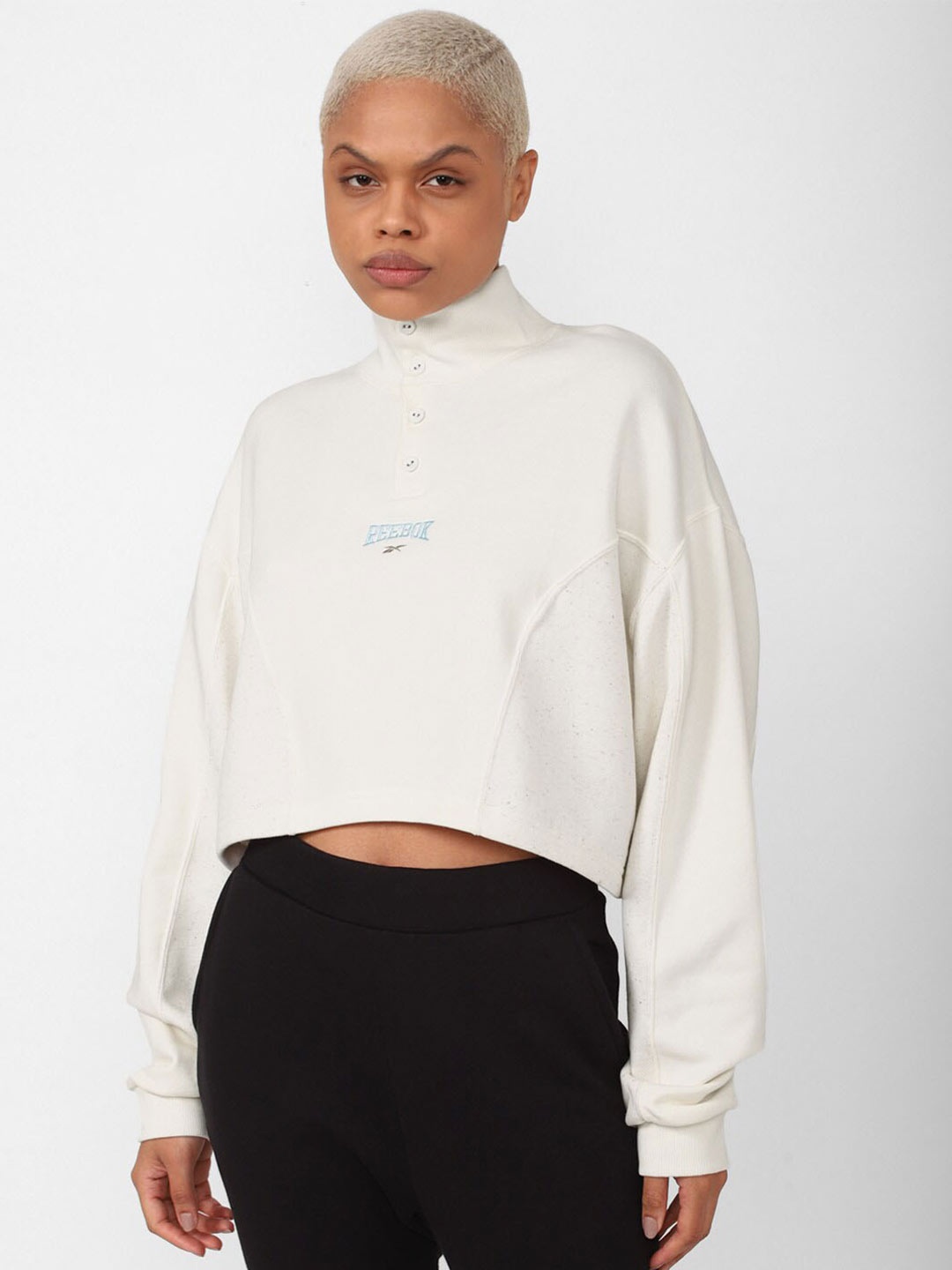 

Reebok Women Varsity Coverup High-Neck Pure Cotton Sweatshirts, Cream